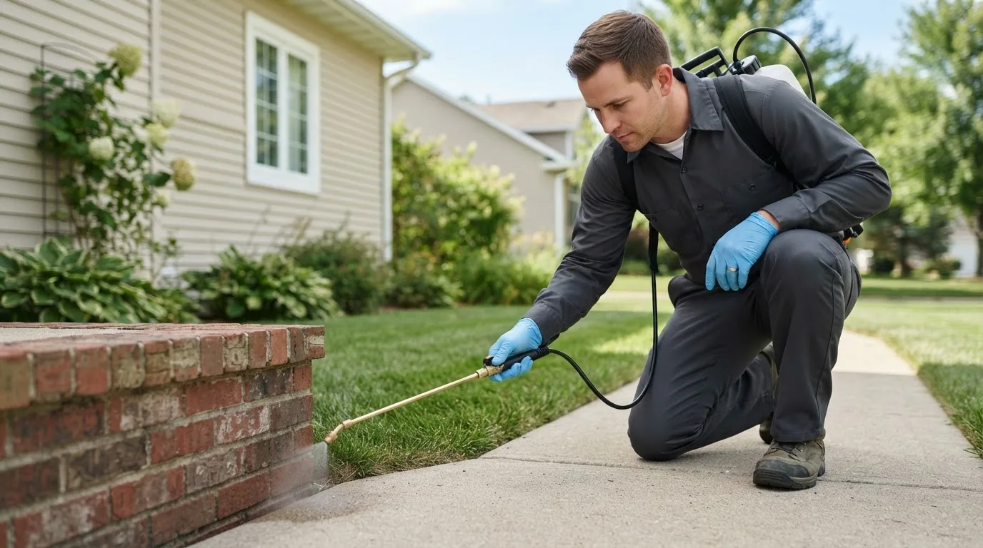 Pest control technician treating a home near Sanborn, ND